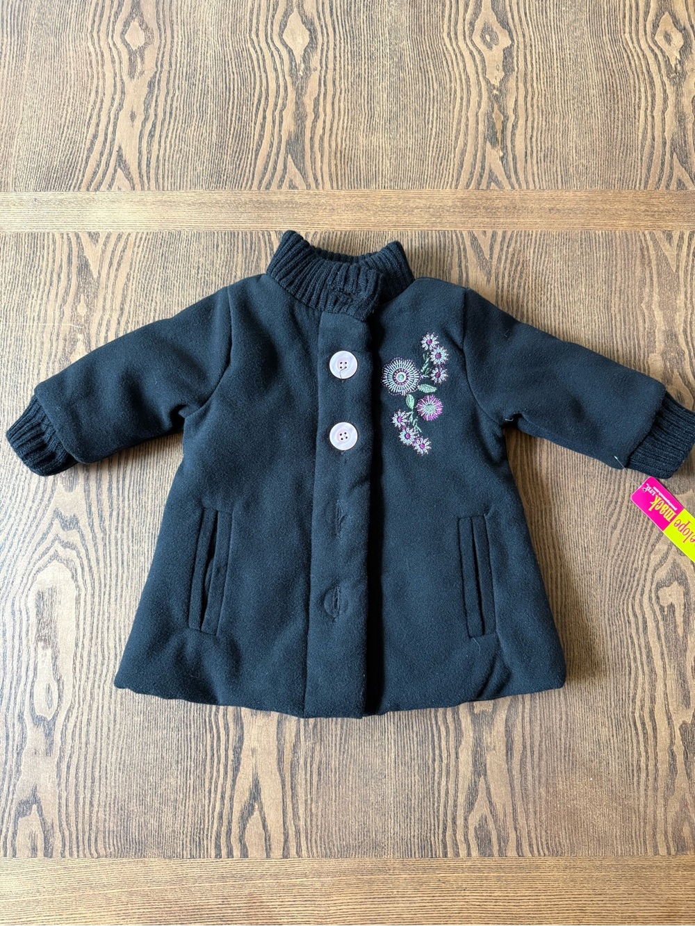 Penelope Mack Black Toddler Pea Coat with Floral Embroidery